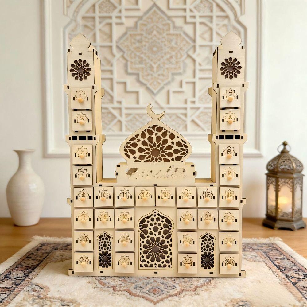 Wooden Ramadan Advent Calendars With Lights Castle Design Eid Mubarak Countdown Calendar 30 Storage Drawers Castle Design