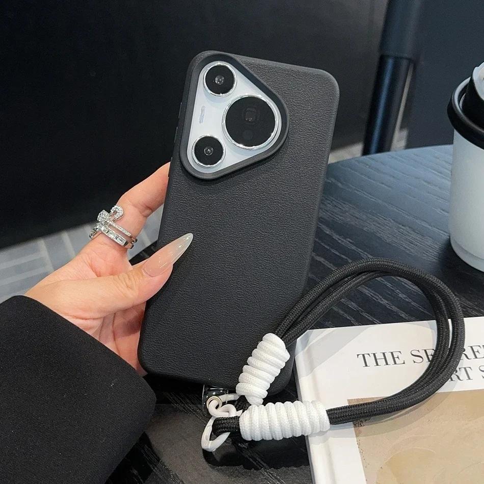 Litchi Pattern Leather Wrist Strap Case for Huawei P70 Pura 70 Ultra P60 P50 Pro Mate 40 50 60 Pro Plus Soft Lanyard Cases Cover