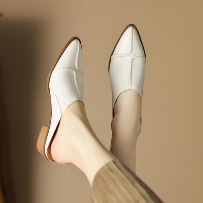 In the Summer of 2025, the New Bag Head Half Slippers Women's Outer Wear Medium Heel Thick Heel Non-slip Beige White Temperament Versatile Sandals