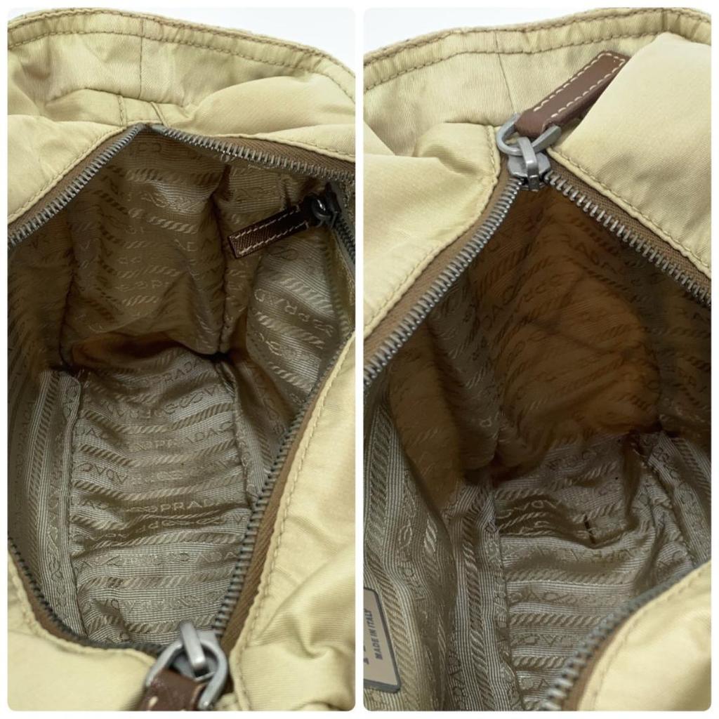 Prada Quilted Tessuto Nylon Tote Boston Bag Handbag One Shoulder Brown Beige Leather Triangle Logo Plate