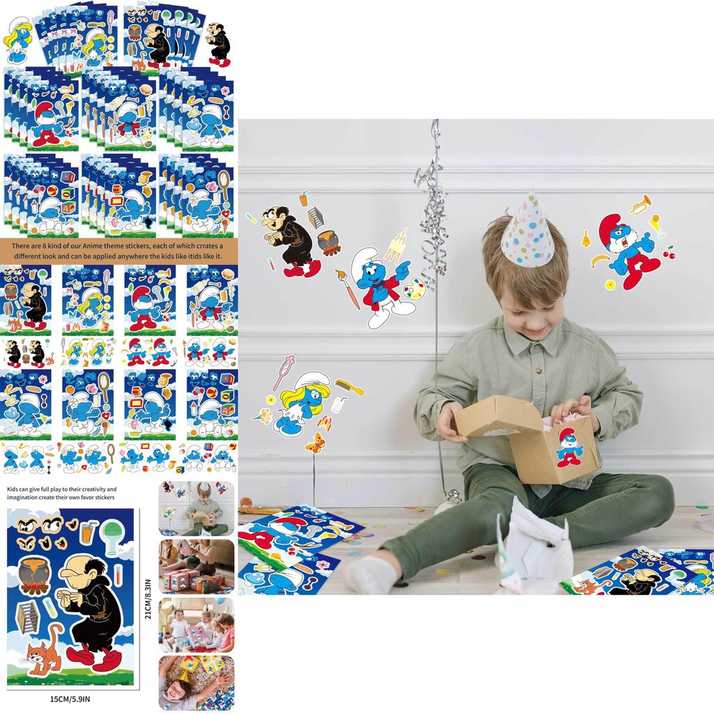 Cm2307023 Cute Cartoon Smurf Themed Interactive Puzzle Diy Sticker Fun Pack