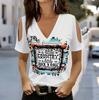 Women V Neck Cold Shoulder Blouse White Country Rock Letter Leopard Stripe Print Short Sleeve Top