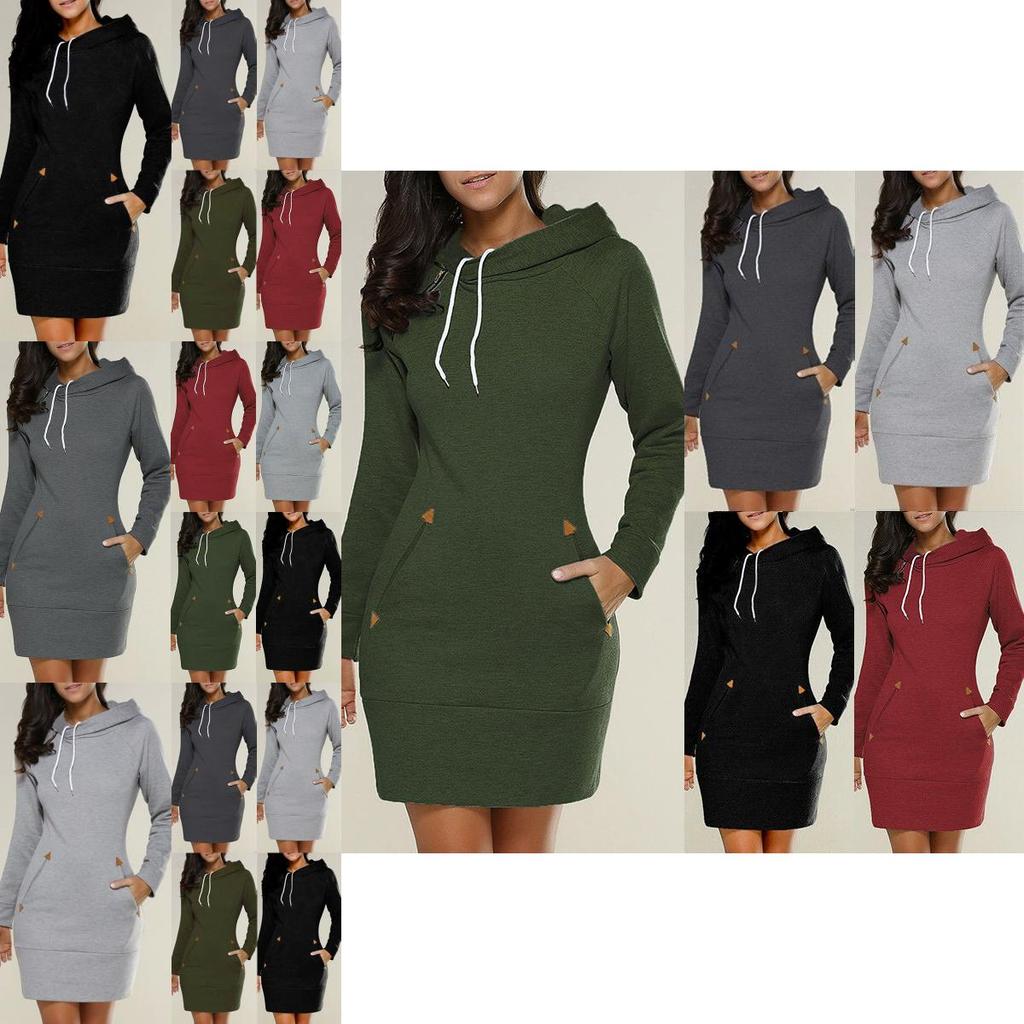 Womens Hooded Mini Dress Casual Long Sleeve Sweatshirt Jumper Slim Fit With Pockets