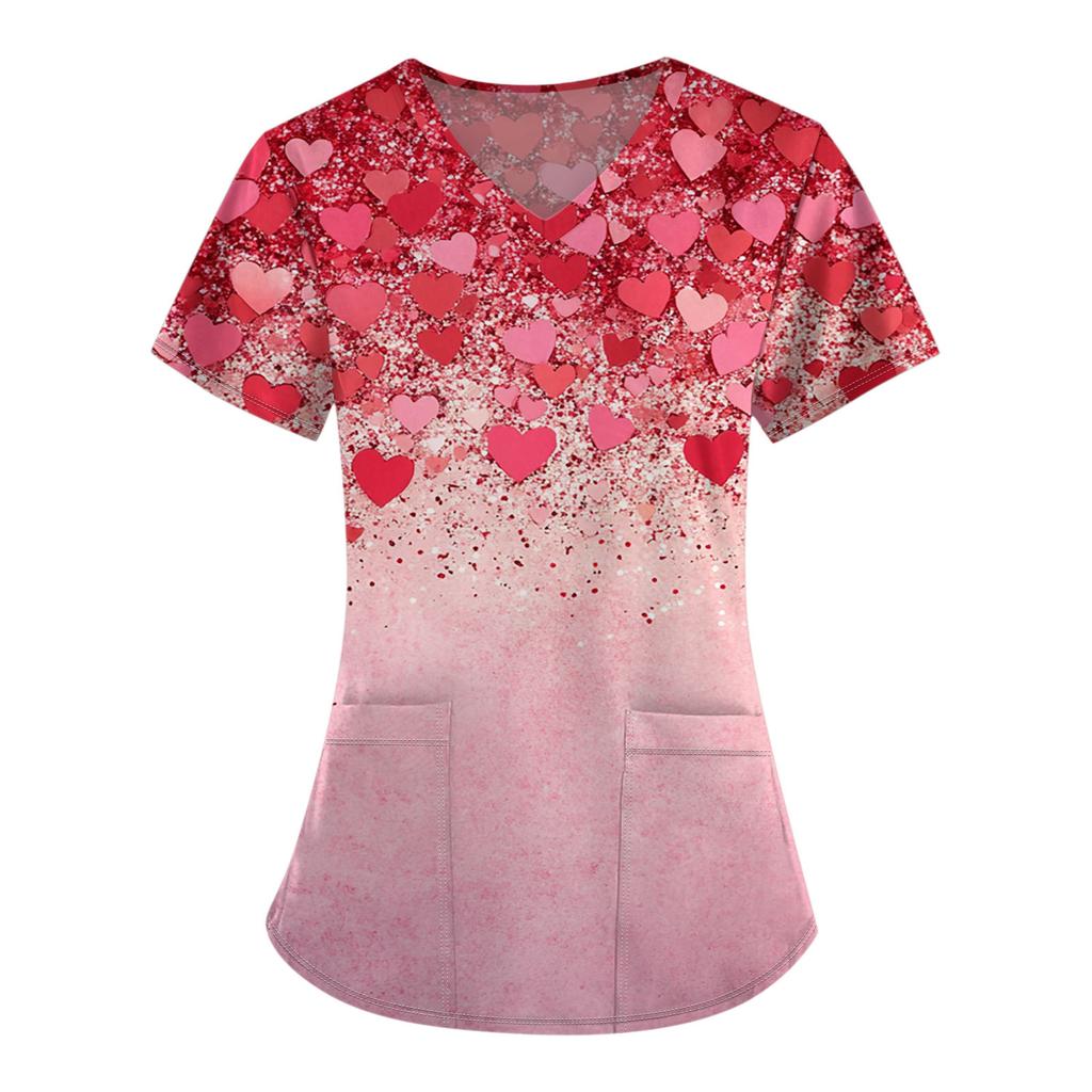 Women's Fashion V-Neck Short Sleeve Overalls With Pocket Valentine's Day Printed Tops  Clothes