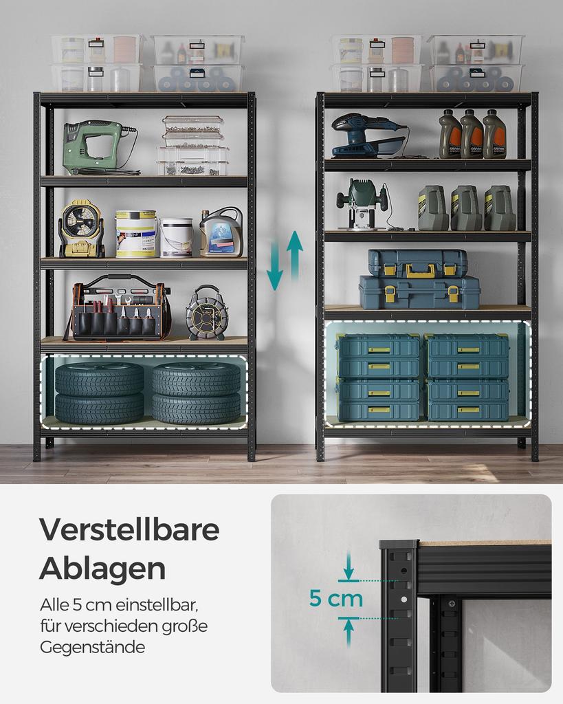 SONGMICS 5-Tier Shelving Unit, Steel Shelving Unit for Storage, Tool-Free Assembly, for Garage, Shed, Load Capacity 875 kg, 60 x 120 x 200 cm, Black