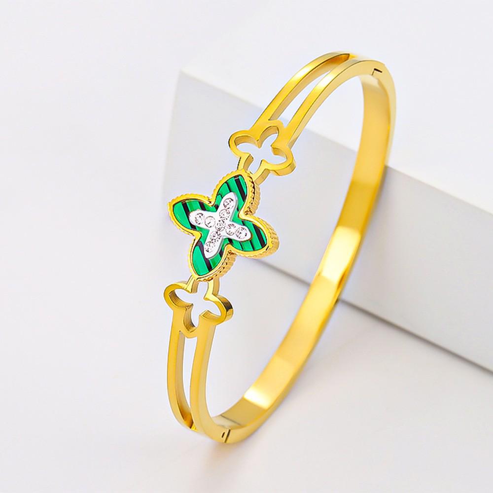 Fashionable Four-Leaf Clover Titanium Steel Women's Open Bracelet - Colorfast & Versatile Design
