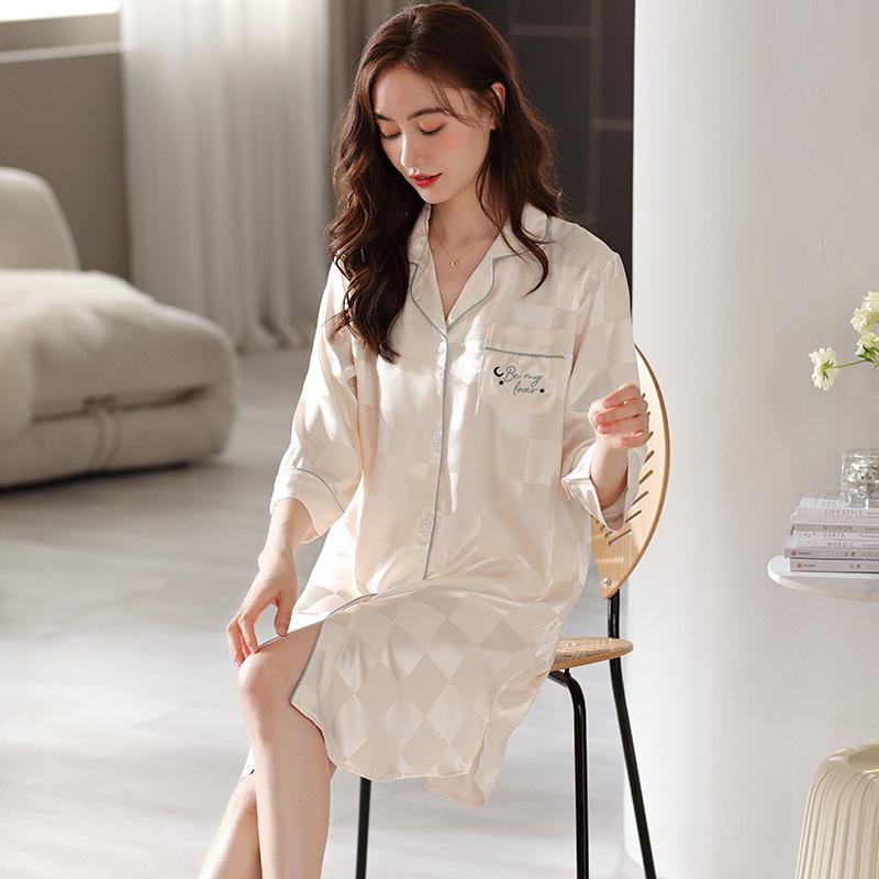 Pajamas Women's Pajamas Summer Silk Ice Silk Seven-Sleeve Cardigan Shirt Medium and Long Sexy Advanced Simulation Silk