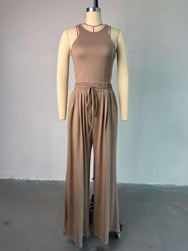 2025 Spring/Summer Women's Three-Piece Set: Casual Long Coat, Camisole, and Tie-Up Wide-Leg Pants