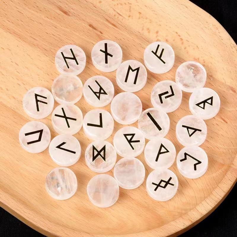 25Pcs Round Rune Stones Set Elegant Golden Rune Engravings Glossy Appearance Elder Futhark Alphabet Symbol Clear Quartz Sets