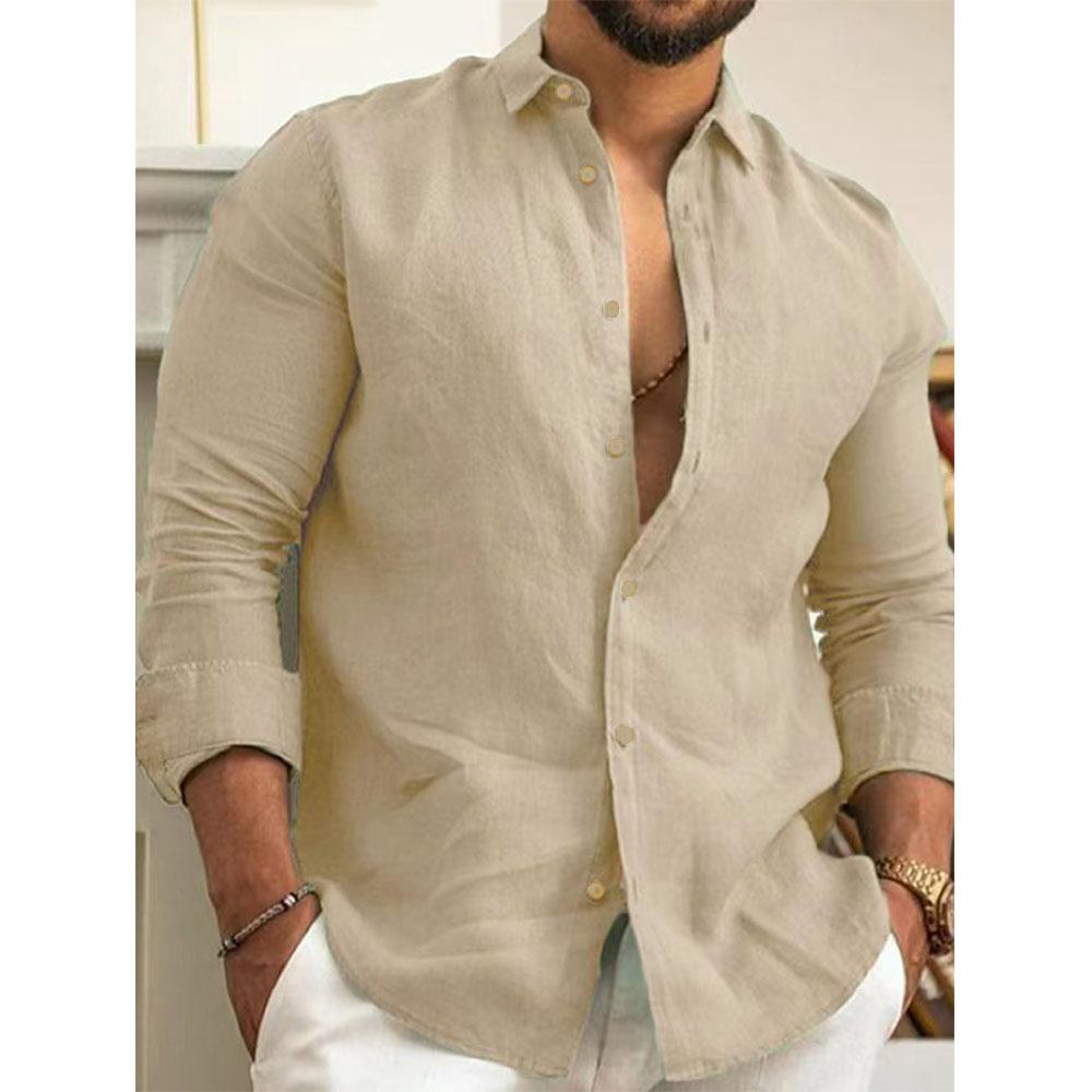 כותנה פשתן לגברים חולצות מזדמנות קלות משקל שקריות נושמות אביב סתיו חולצת שרוולים ארוכים ספורט חולצות דש הוואי גברים