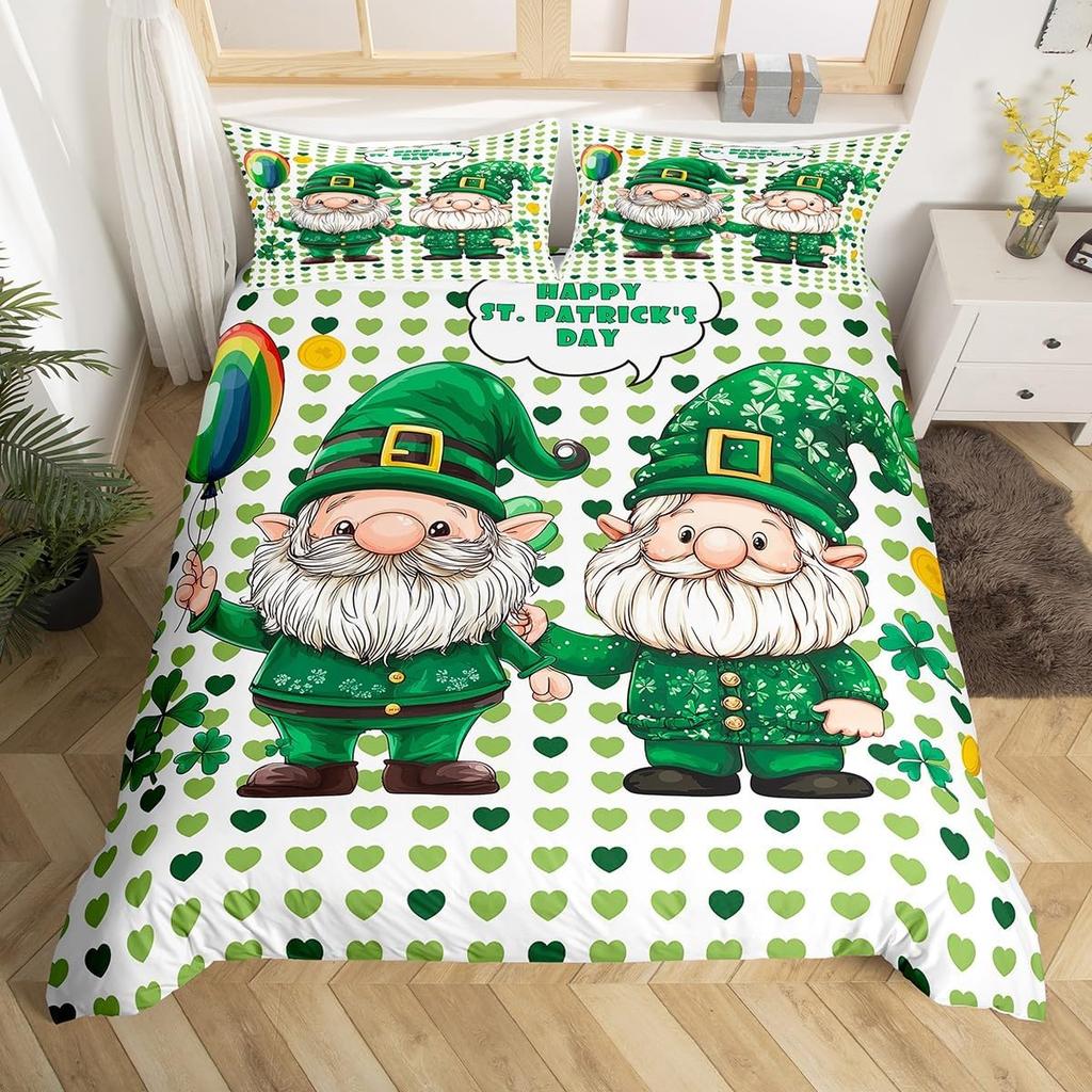Kids Happy St. Patrick'S Day Duvet Cover Twin Queen Green Clover Comforter Cover With 2 Pillowcases, Colorful Plank Bedding Set