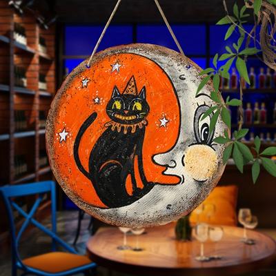 Plano 2D 20*20cm, Decoração de Casa de Halloween, Gato Preto Retro e Lua de Madeira Circular Placa Decorativa Criativa de Halloween, para Casa, Jardim de Cozinha