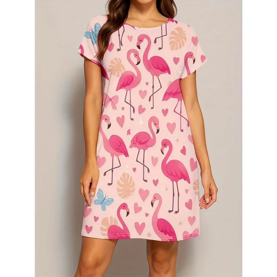 Damen Nachthemd mit rosa Flamingo- und Herz-Print, weiches Rundhals-Kurzarmkleid, ganzjährig bequem für Erwachsene