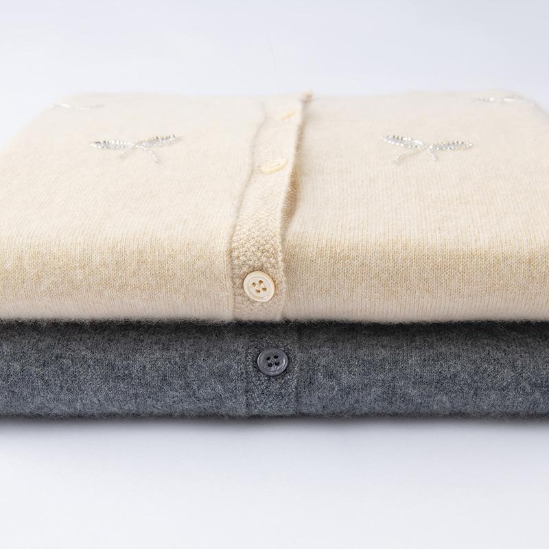 Women's 100% Pure Cashmere Embroidered Round Neck Cardigan - New Style Solid Color Knit Sweater Coat