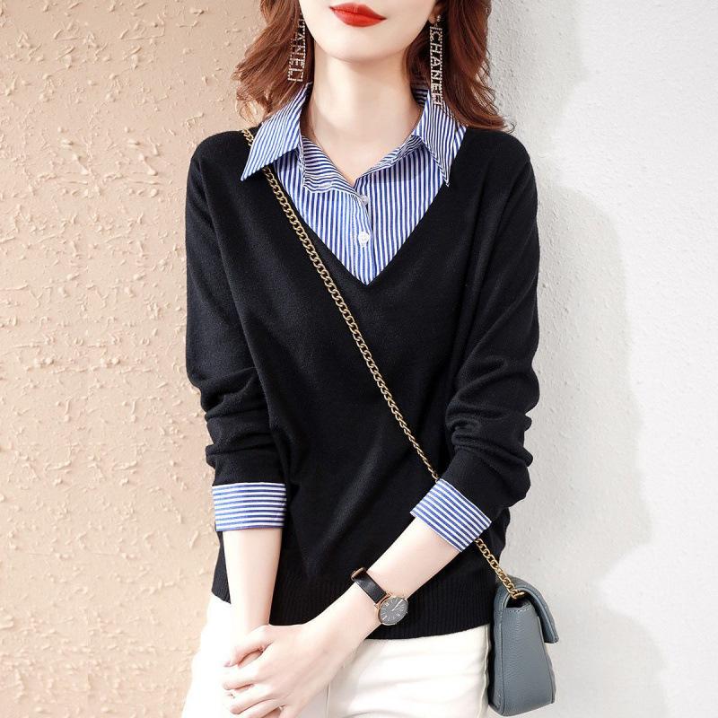 This Autumn and Winter Collar, Simple and Slimming, Elegant and Versatile Double-sided German Velvet Striped Shirt As A Base Layer S