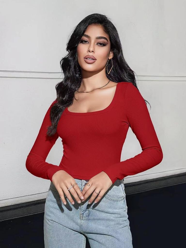 Spring women's tops slim fit short long sleeve square neck T-shirt for hot girls casual and versatile