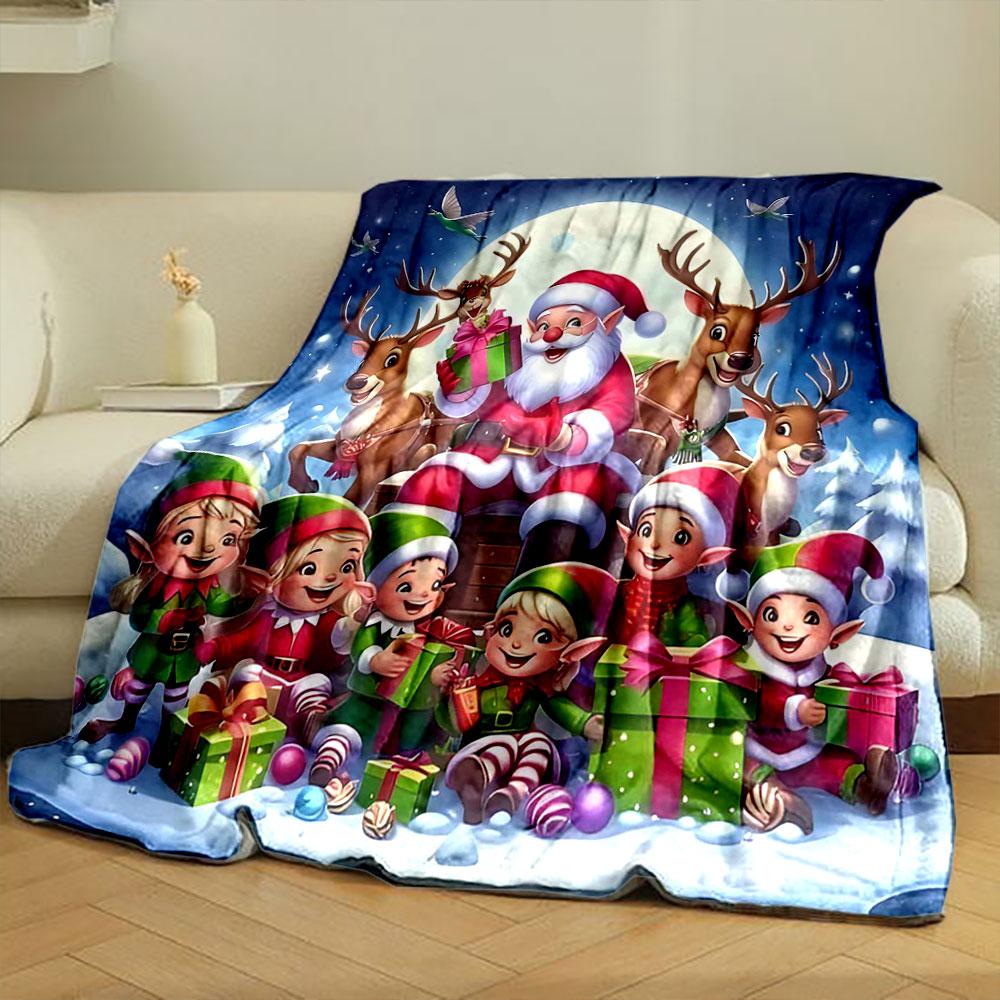 Santa and Elves with Reindeer print blanket soft and cozy perfect for the living room bed sofa or a nap,gift