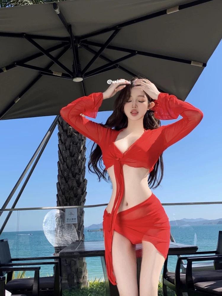 

Beach Vacation Pure Desire Sexy Split Skirt Three-piece Swimsuit Small Chest Long-sleeved Internet Celebrity Same Bikini L красный