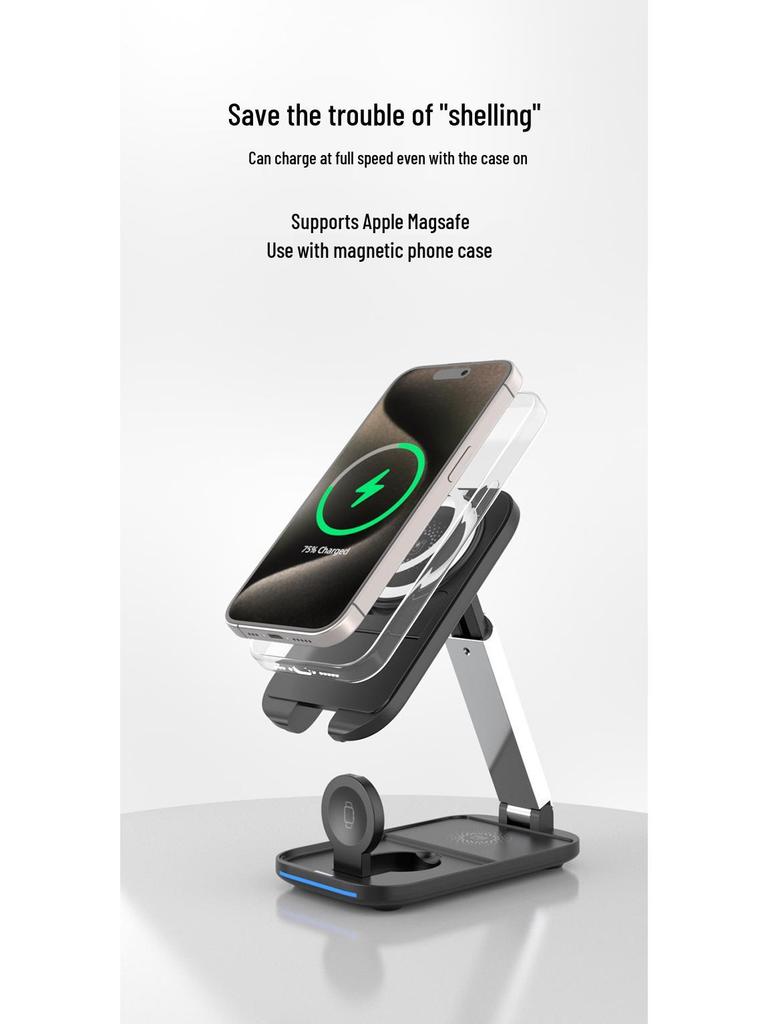 Foldable 3-in-1 Wireless Charger Stand with Magnetic Mount for Apple Devices