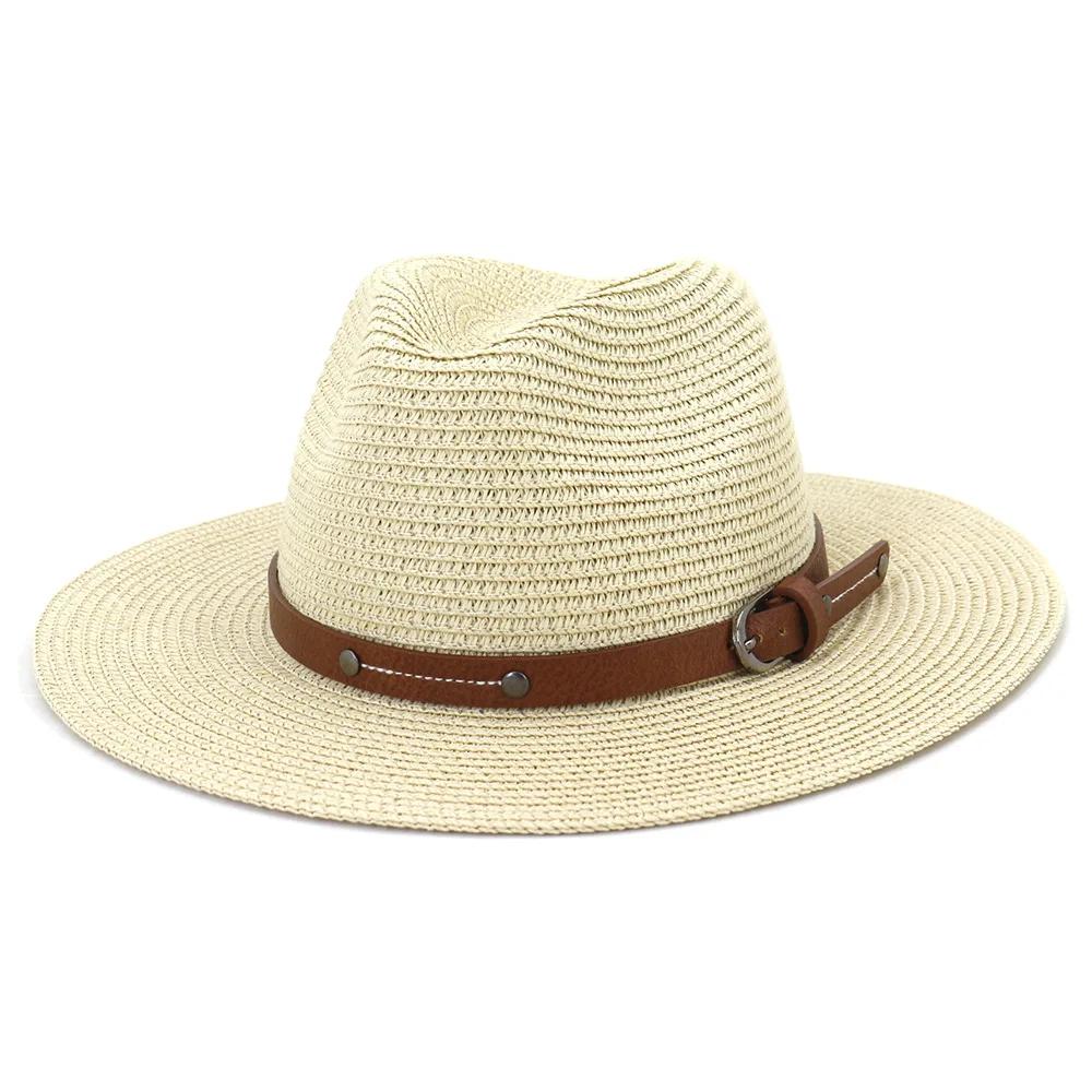 Navy Panama Hat Straw Summer Hats for Women Men Fedora Wide Brim Belt Decorate Male Female Jazz Sombrero Cap Black Pink New