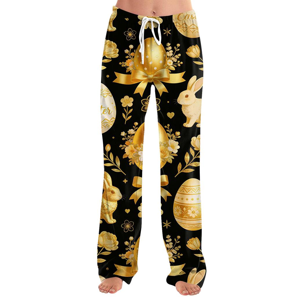 Pantaloni casual da donna alla moda, larghi, casual, con stampa di cartoni animati di Pasqua
