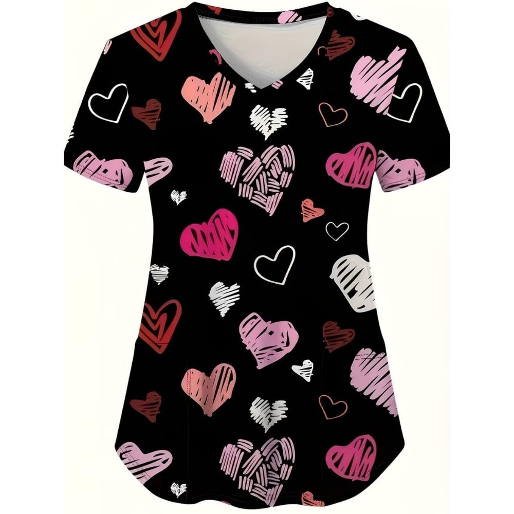 Nursing Uniform Woman Comfortable Dentist Vet V-Neck Short Sleeve Women Scrub Fashion Heart Pattern Print Clinical Uniform Woman
