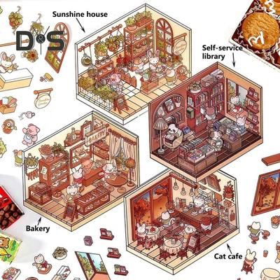 DIY 3D Sticker Set Relief Stress Reusable Scene Stickers with Tweezers Supermarket Coffee Shop Cat Cafe Theme Stickers