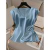 Women Satin V Neck Blouse Elegant Short Sleeve Side Drawstring Ruched Top Summer Casual Work Office Tunic Fashion Sleeveless Sweet Tank Tops for Women
