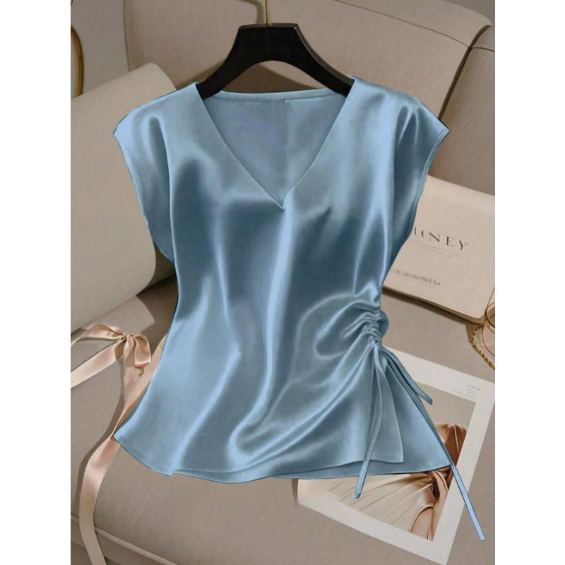 Women Satin V Neck Blouse Elegant Short Sleeve Side Drawstring Ruched Top Summer Casual Work Office Tunic Fashion Sleeveless Sweet Tank Tops for Women
