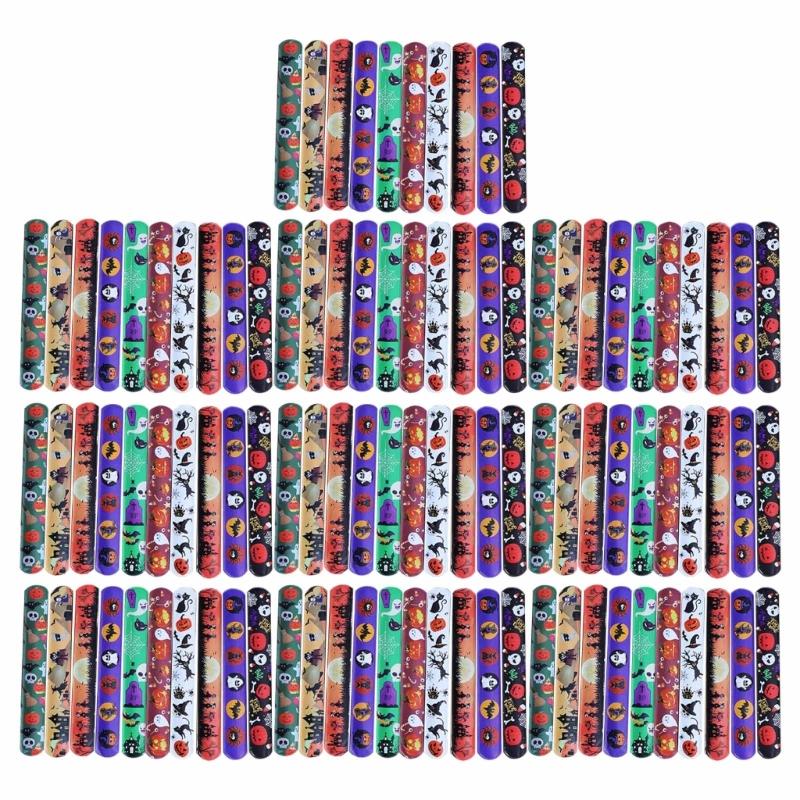 

100Pcs Halloween Themed Snap Bands Stylish Halloween Party Favors Slap Bracelets Soft Wristband Accessory for Kids 1