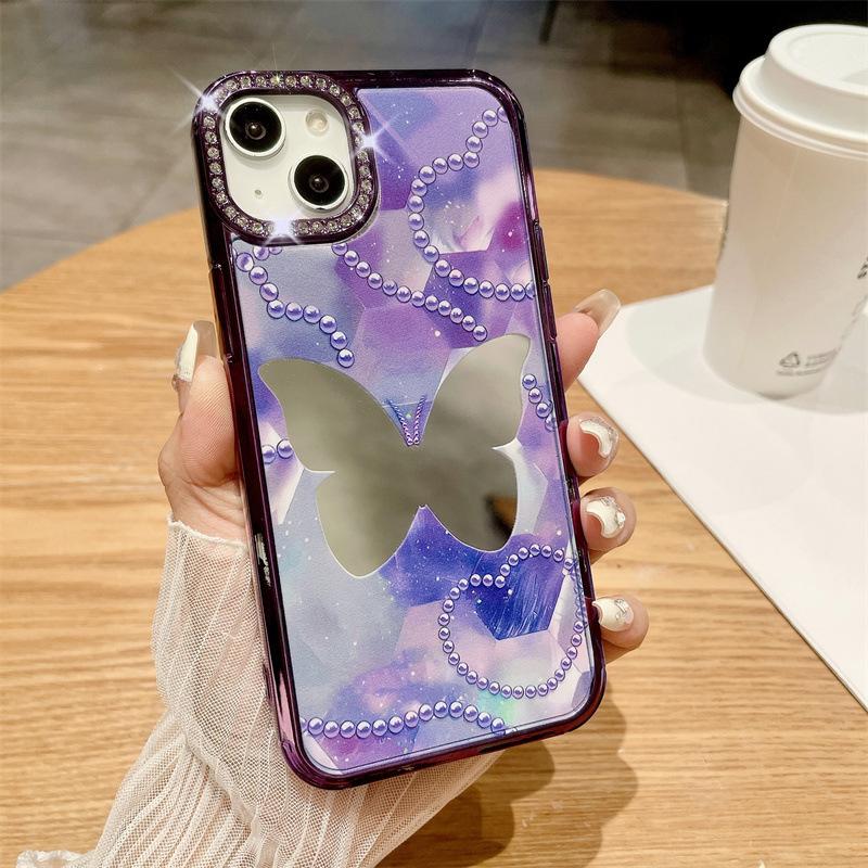 

Роскошный гальванизированный бабочка Подходит для чехла для мобильного телефона Apple 15 IPhone 14pro Объектив Стразы 13 Чехол для защиты от падений iPhone11 фиолетовый