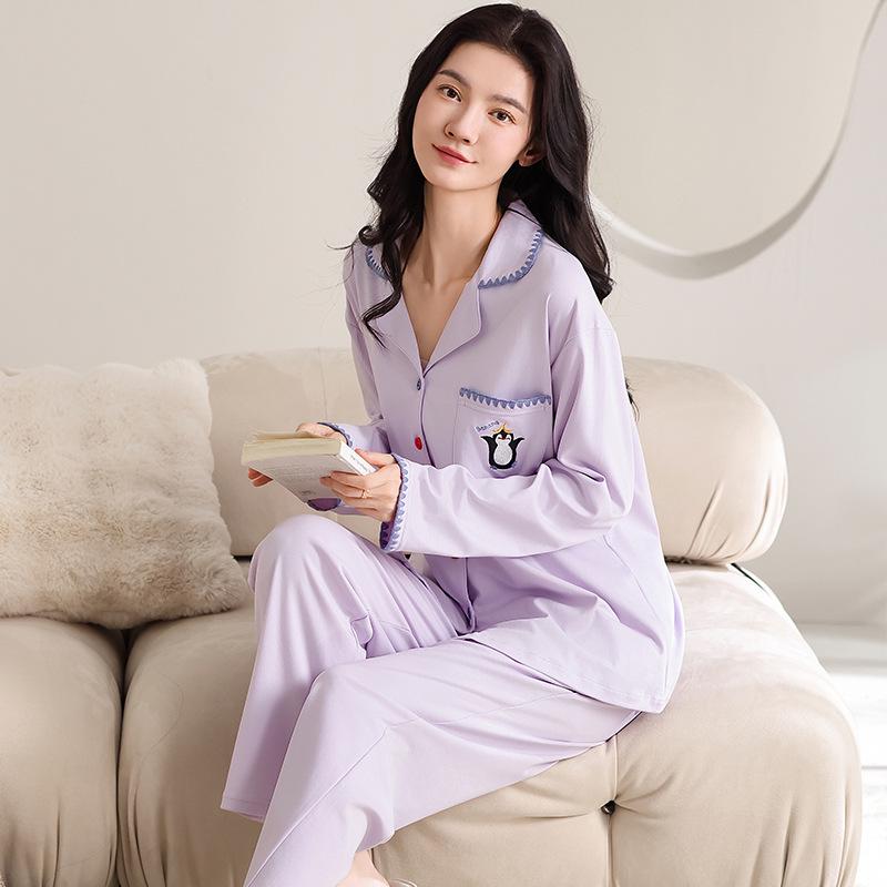 

2026 Spring/Autumn Women s 100% Cotton Long Sleeve Lapel Pajama Set - Thickened, Solid Color, Indoor/Outdoor Wear M