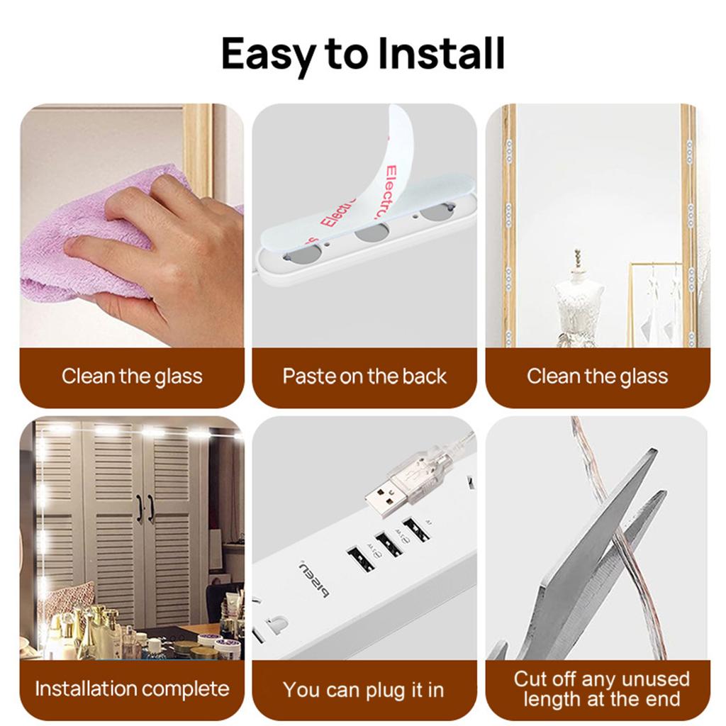 10FT Makeup Vanity Light Module Self-Adhesive Makeup Mirror Light Dimmable Mirror Light Three Color Temperatures IP65 Waterproof USB Plug and Play