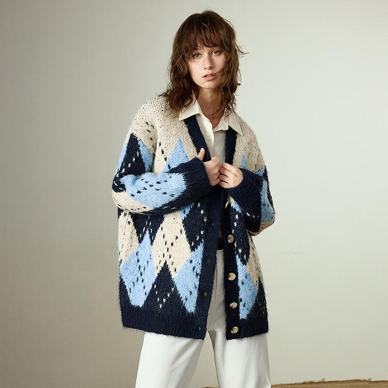 Chuyu Damen Strickjacke mit V-Ausschnitt und nordischem Farbblockmuster aus Wollmischung