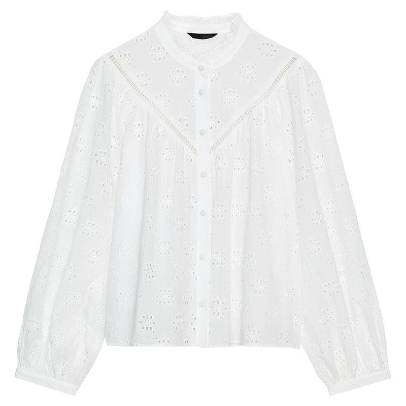 

Zaprha 2025 Autumn New Sweet Style Laminated Decorative Hollow Embroidery Long sleeve Shirts Top 8741230 White L