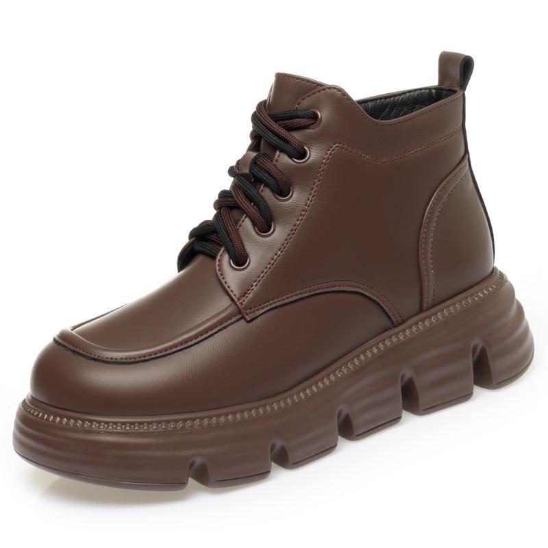5cm Vintage Comfortable Soft Leather Shoes Warm Winter Boots 2025 Women's Med Heels Flat Platform Short Plush Motorcycle Botas