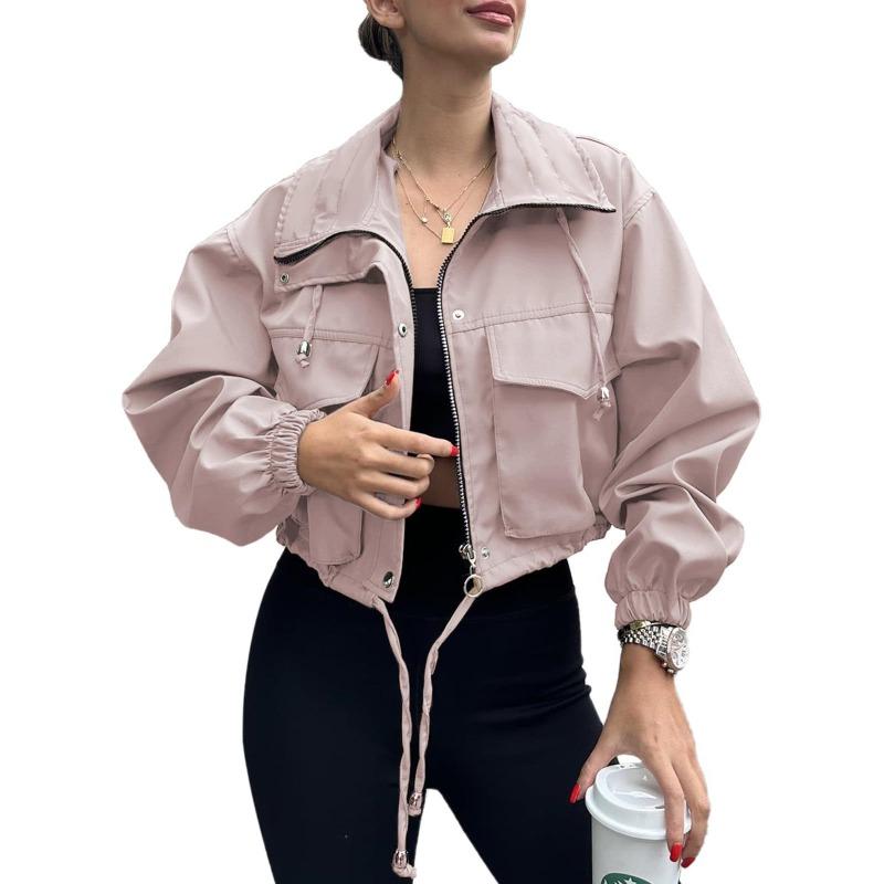 Women's Fashion Casual Solid Color Print Autumn Winter Long Sleeve POLO Neck Jackets  Coats