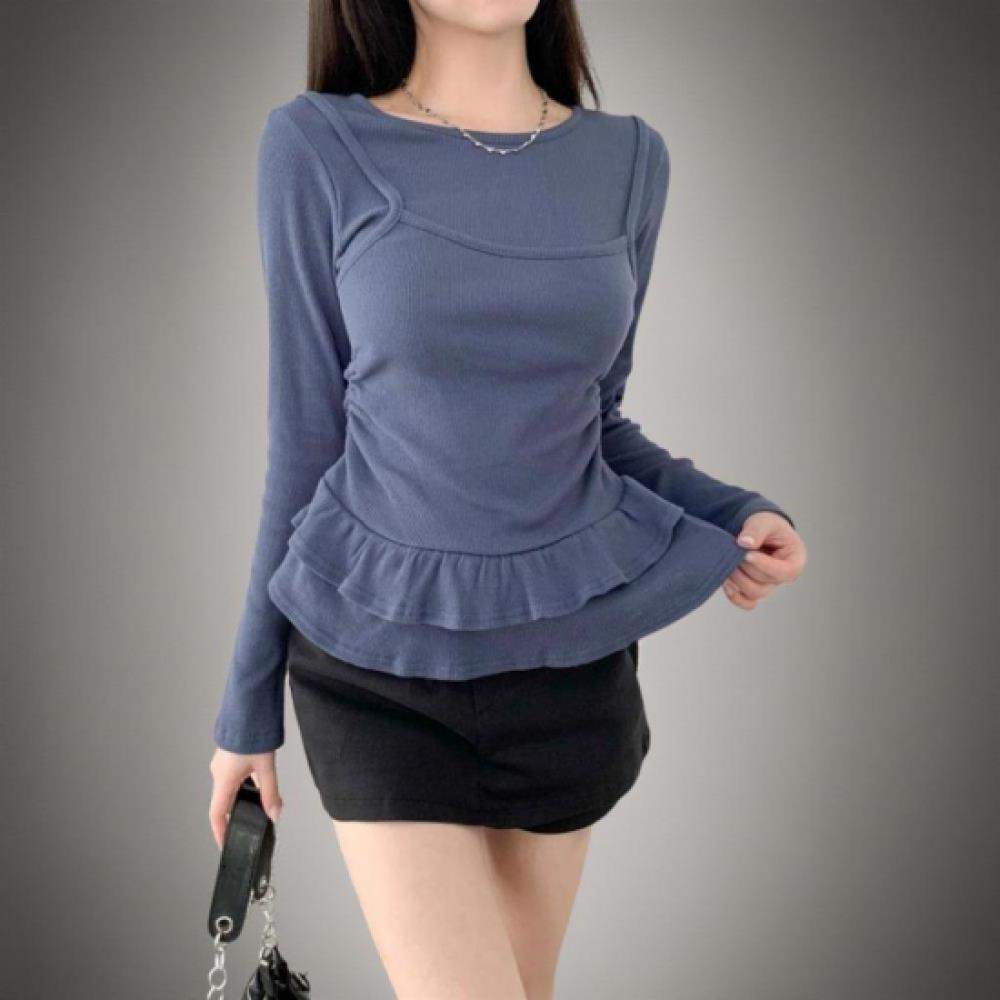 New Arrivals Open Run Women Cotton Spandex Ribbed Layered Long Sleeve Tee
