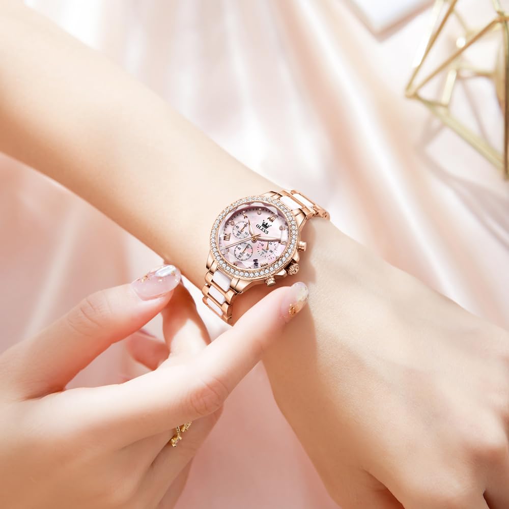OLEVS Women's Watch Quartz Japanese Movement Multifunction 60-Minute Chronograph 12-Hour Subdial Date Luminous 30m Waterproof Stainless Steel Ceramic