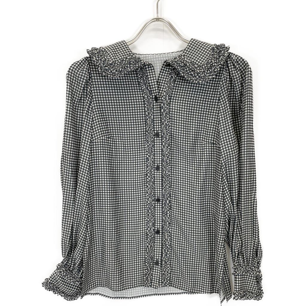 Cygne Black Gingham Check Frill Blouse Tops Not Written Black X whiteUsed