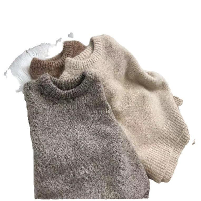 Women's European-Style Loose Wool Sweater, Round Neck, Thick Cashmere Knit, Heavy Solid Color, Three-Strand Base Layer.