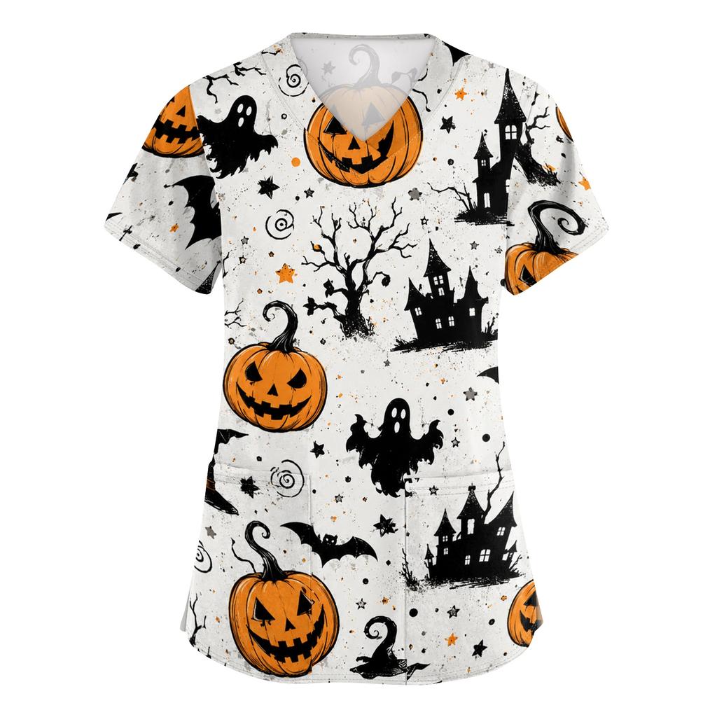Women V Neck Short Sleeve Printed Scrub Top with Pockets and Side Slits for Work Uniforms Holiday Theme