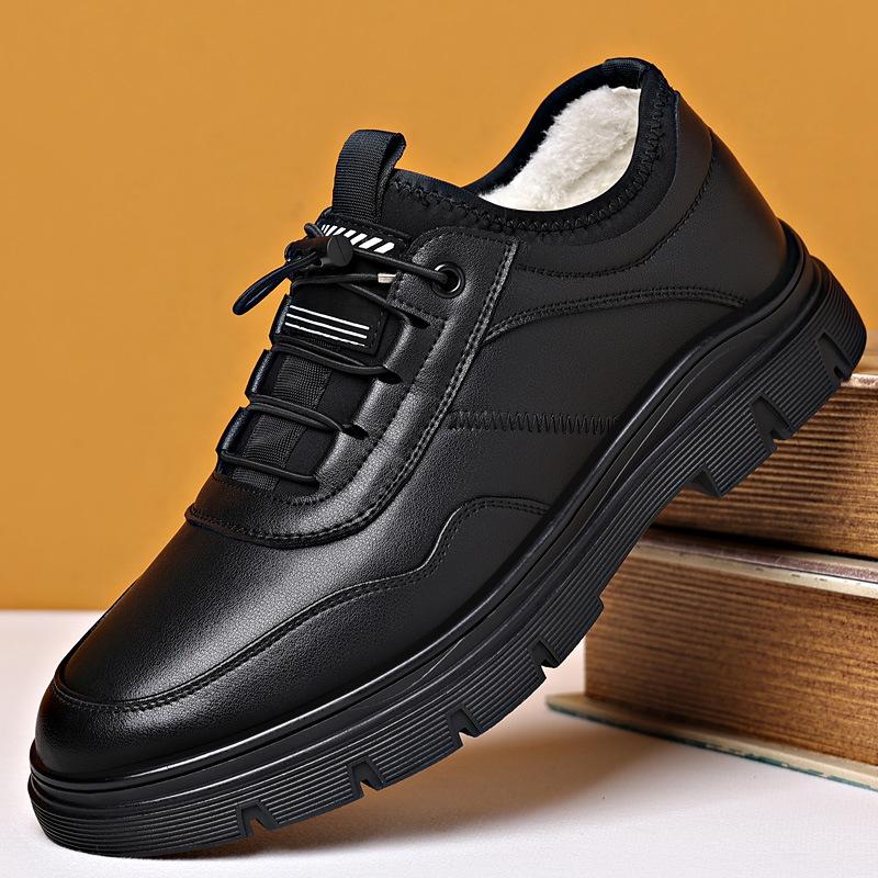 Fashion Casual Shoes Men's 2025 Spring New Single Shoes Leather Wool Velvet Warm Low-top Men's Leather Shoes