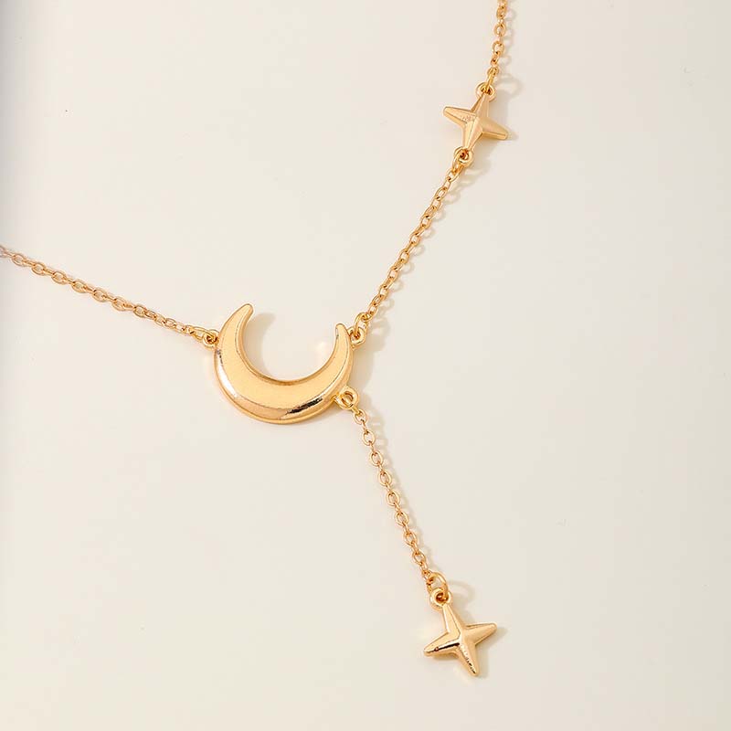 Fashion Gold Silver Color Star Moon Pendant Necklace For Women Simple Metal Long Tassel Cross Chain Necklace Jewelry