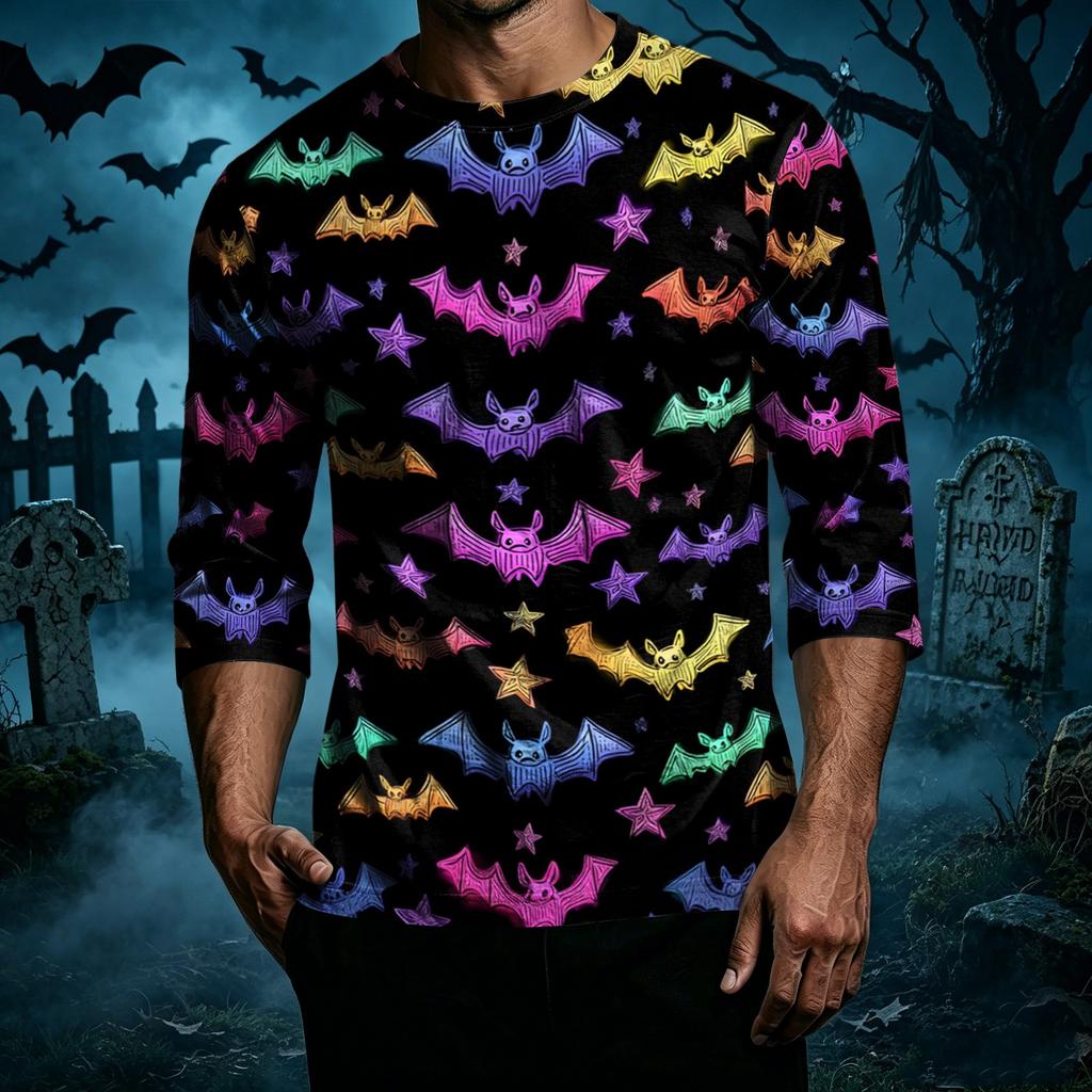 Men's Casual Halloween Print Crew Neck T Shirt Three Quarter Sleeve Relaxed Fit Top with Shoulder Seam Design for Everyday Wear