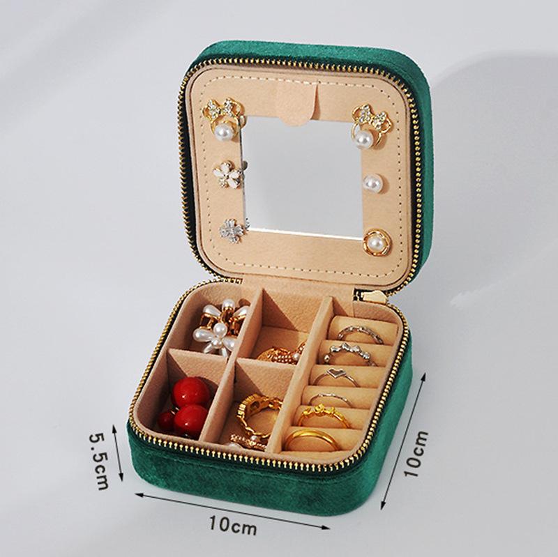 Portable Double-Layer Velvet Jewelry Box with Mirror and Zipper for Earrings and Rings