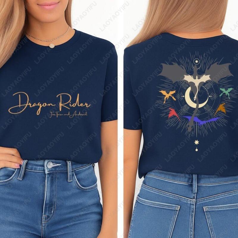 Футболка унисекс для взрослых Хлопковая Футболка Всадник Дракона Четвертое Крыло Книжная Фэнтези Двусторонняя Футболка Креативные Ретро Классика Крутые Футболки с Круглым Вырезом и Принтом S