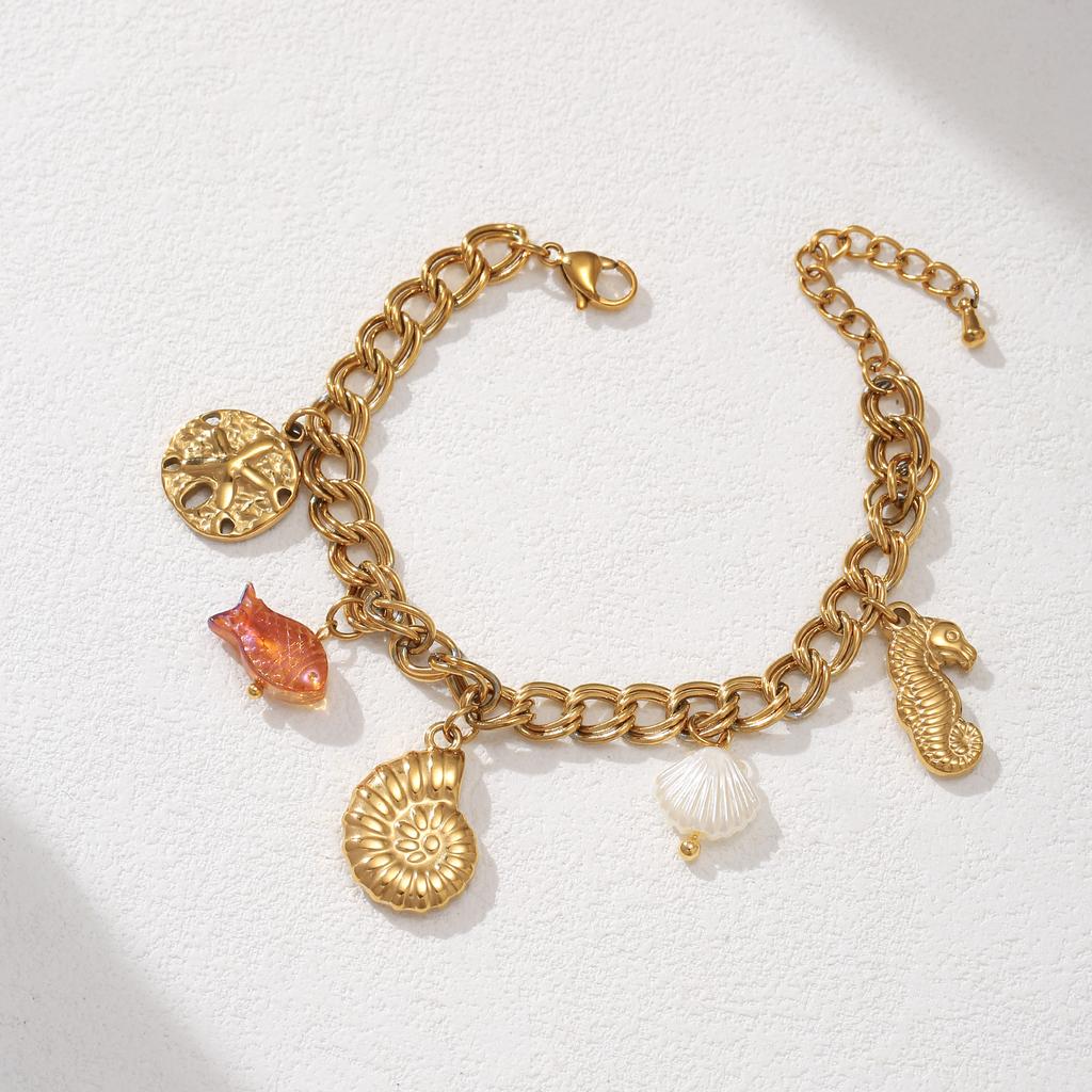 Golden Tone Stainless Steel Ocean Charm Bracelet with Seahorse and Fish Pendants for Women