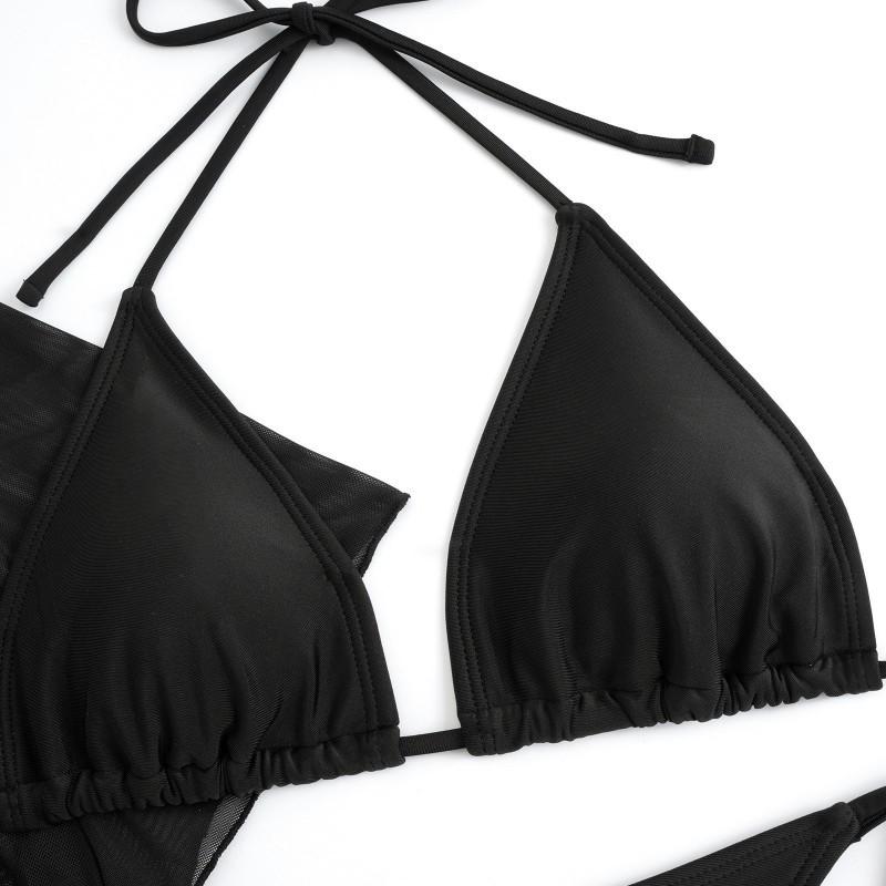 Sexy Costume da Bagno Bikini in Pizzo Moda da Spiaggia Monocolore Set da Donna Tre Pezzi