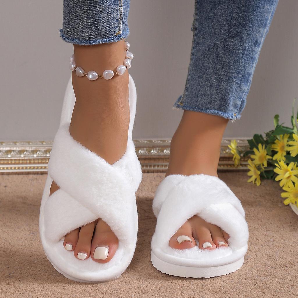 Crossed Plush Slippers Autumn and Winter Four Seasons Indoor New Warm Leak Toe Fluffy Slippers